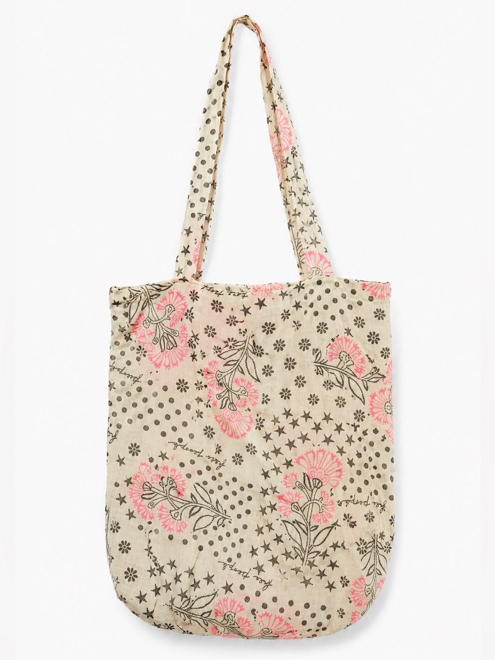 Free People Stars & Flowers Boho Reusable Tote Bag Floral Cotton Shoulder Bag